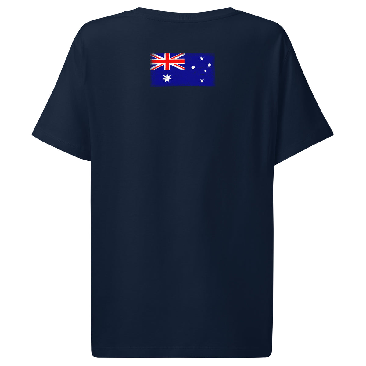 Australia flag t-shirt in French Navy, vintage-washed print, flag across the upper back, women cut, back view
