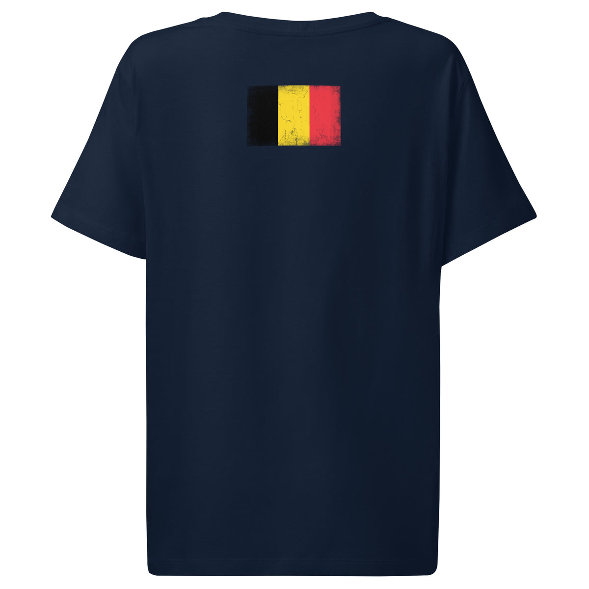 Belgium flag t-shirt in French Navy, vintage-washed print, flag across the upper back, women cut, back view