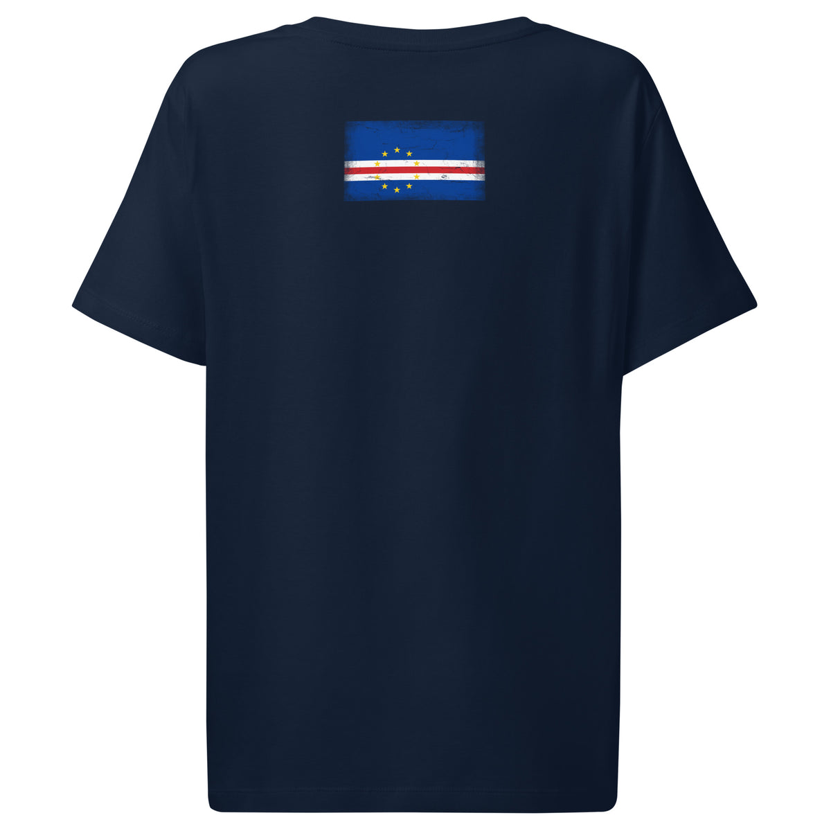Cape Verde flag t-shirt in French Navy, vintage-washed print, flag across the upper back, women cut, back view