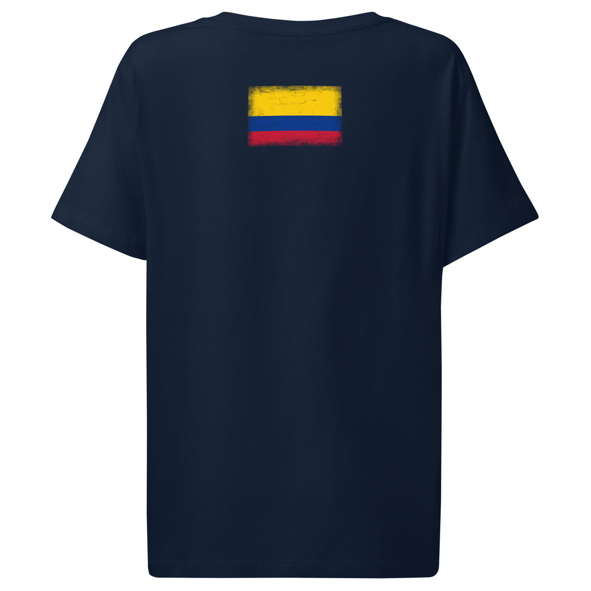 Colombia flag t-shirt in French Navy, vintage-washed print, flag across the upper back, women cut, back view