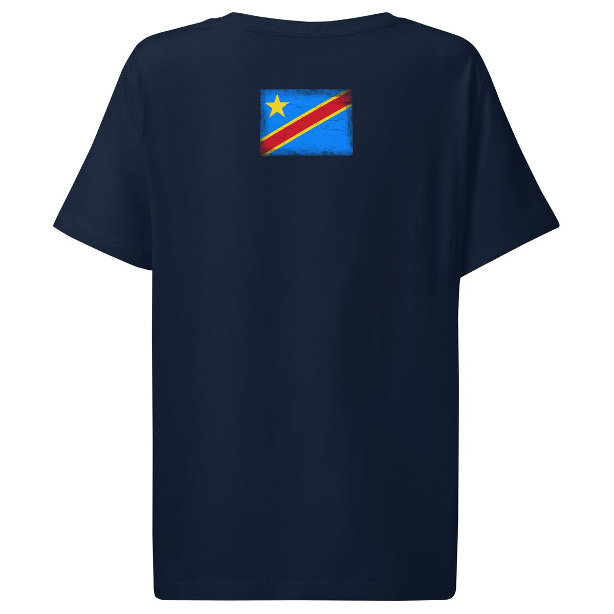 Congo flag t-shirt in French Navy, vintage-washed print, flag across the upper back, women cut, back view
