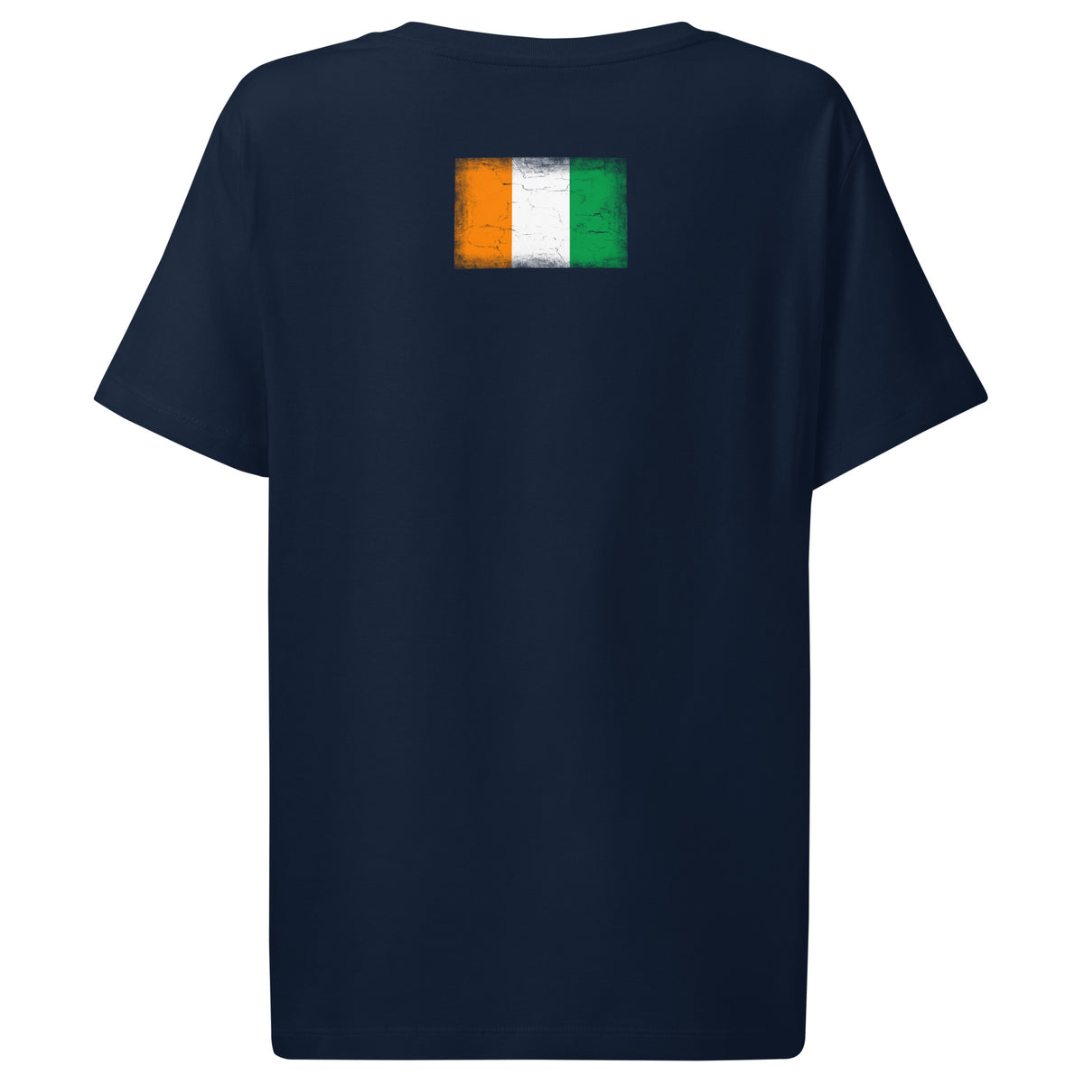 Côte d'Ivoire flag t-shirt in French Navy, vintage-washed print, flag across the upper back, women cut, back view