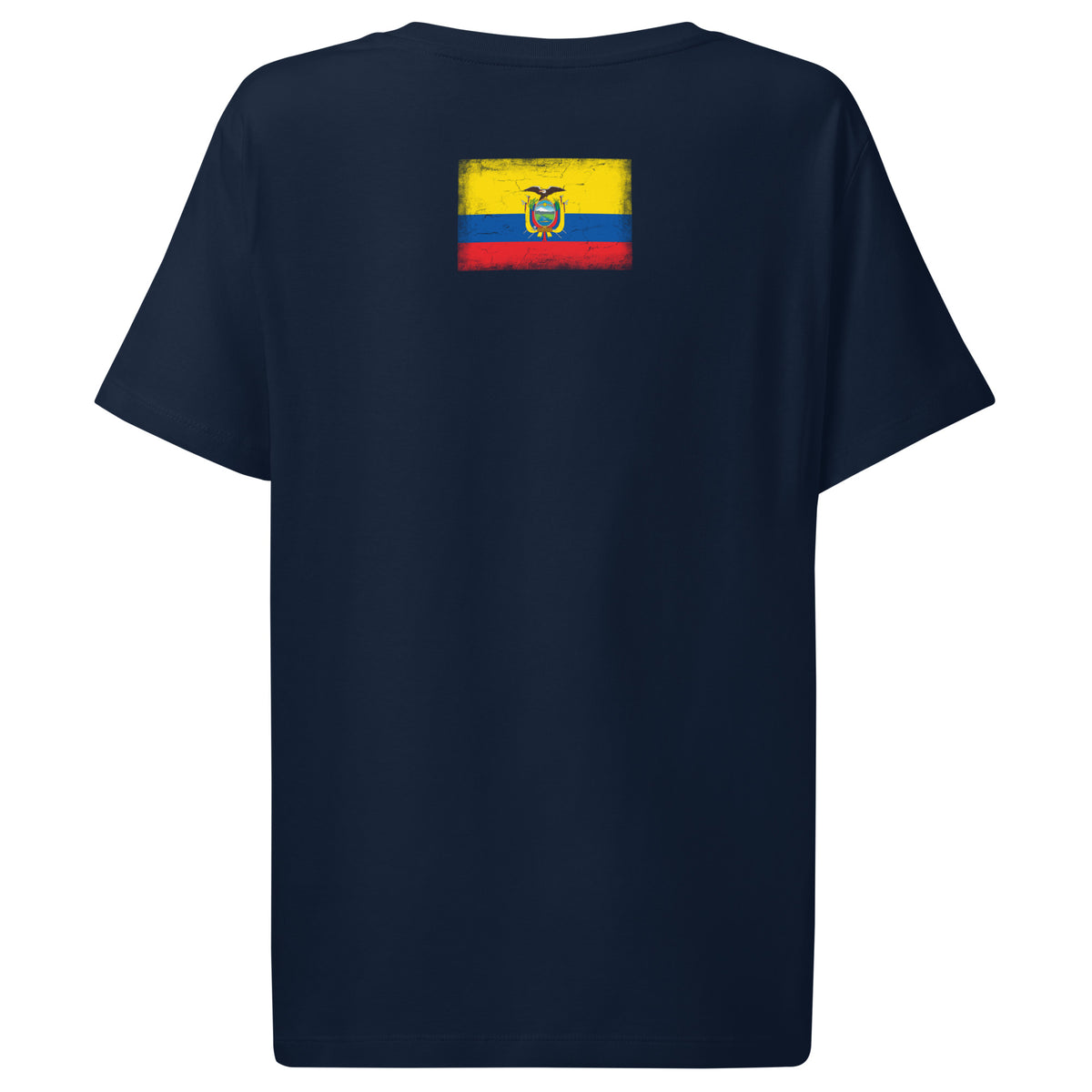 Ecuador flag t-shirt in French Navy, vintage-washed print, flag across the upper back, women cut, back view