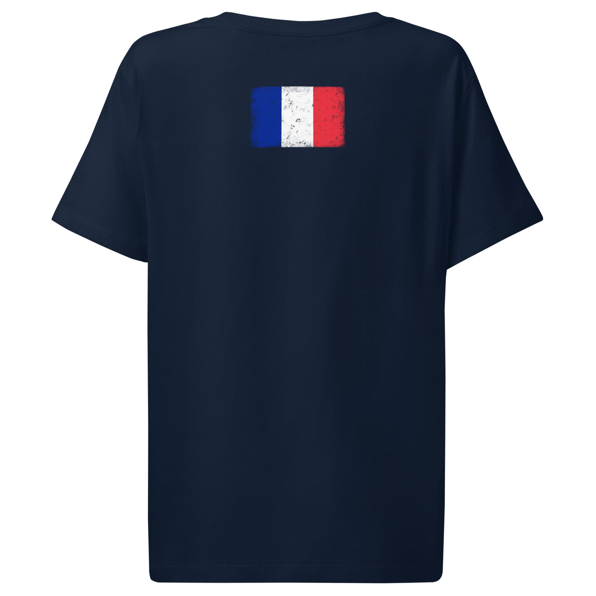 France flag t-shirt in French Navy, vintage-washed print, flag across the upper back, women cut, back view