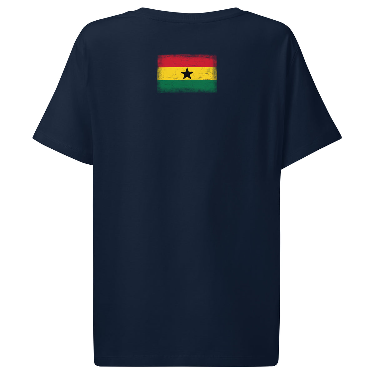 Ghana flag t-shirt in French Navy, vintage-washed print, flag across the upper back, women cut, back view