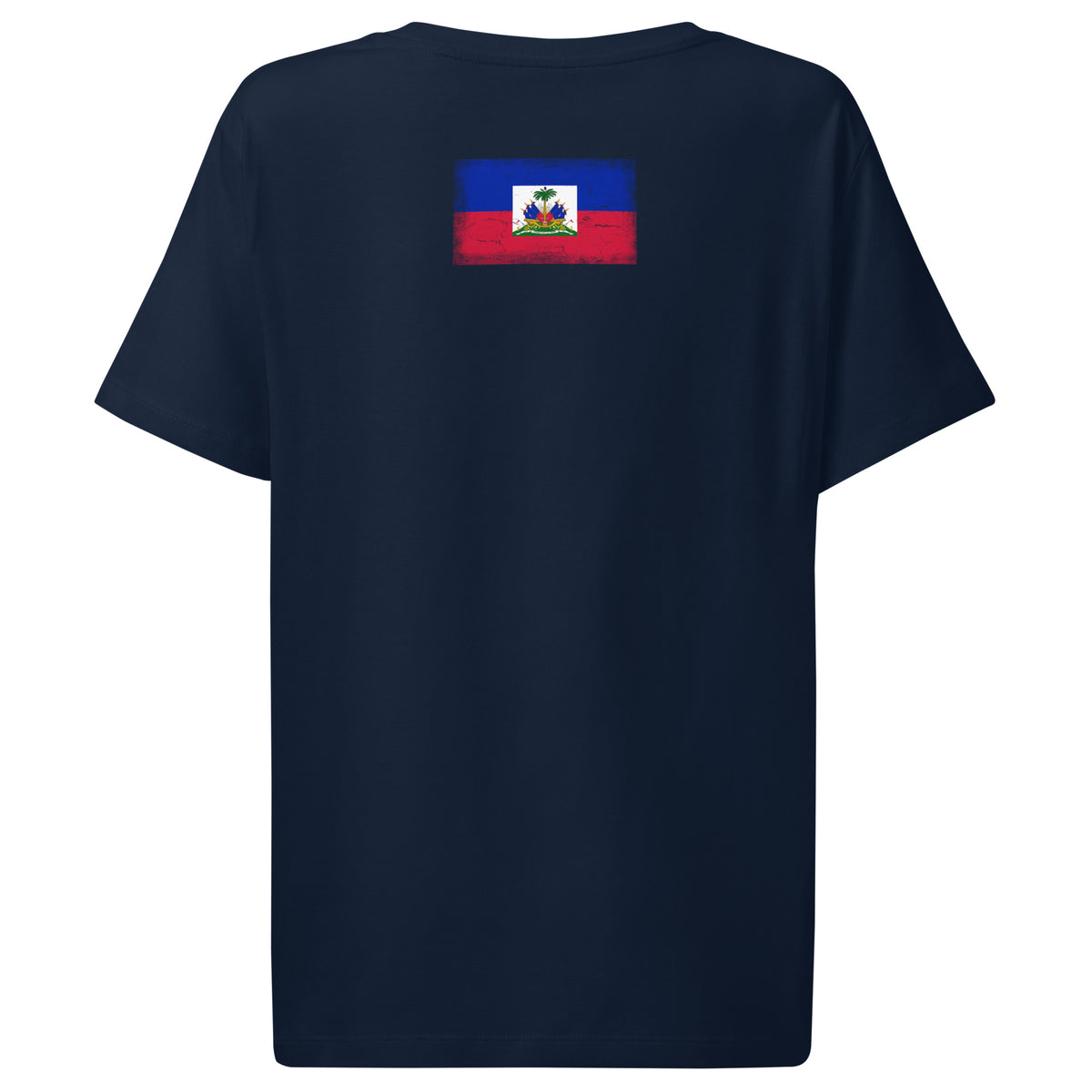 Haiti flag t-shirt in French Navy, vintage-washed print, flag across the upper back, women cut, back view