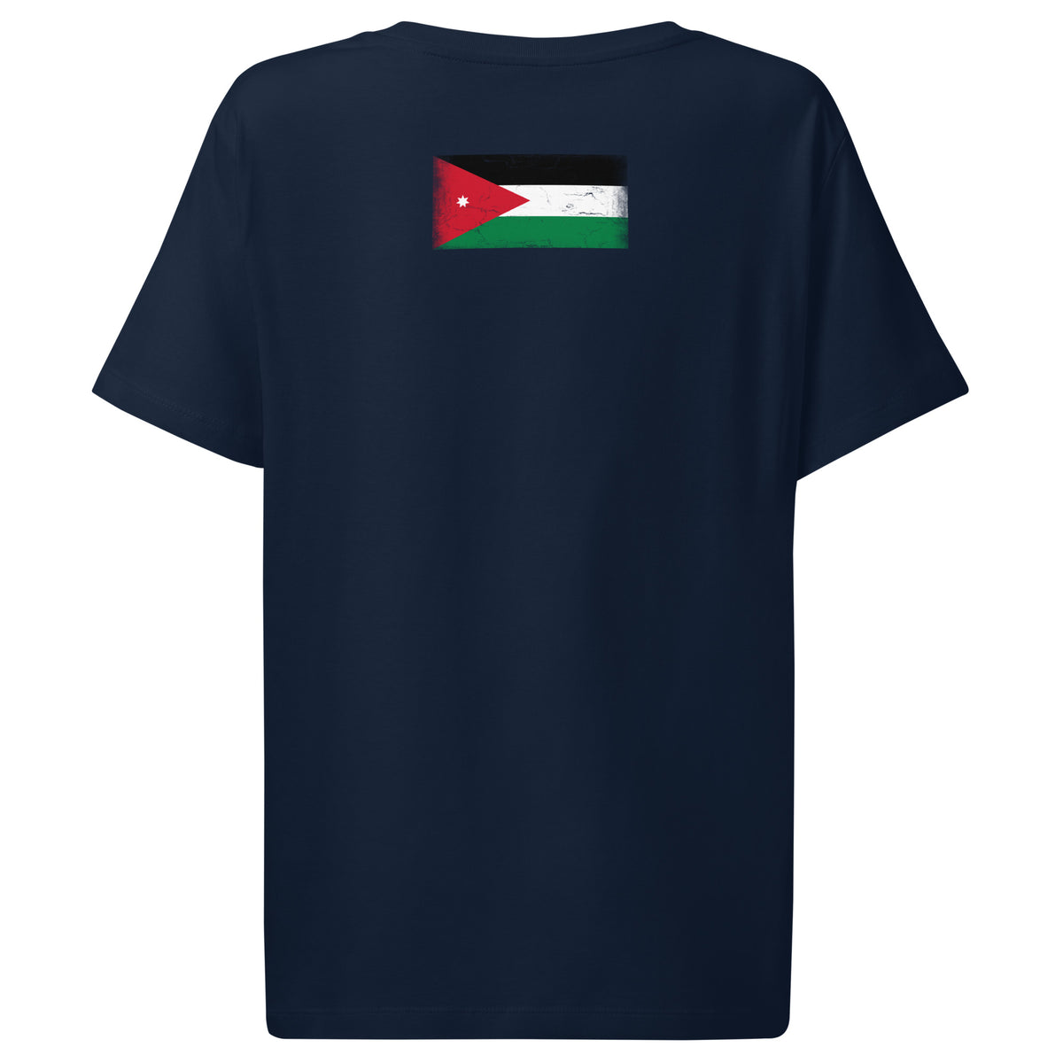 Jordan flag t-shirt in French Navy, vintage-washed print, flag across the upper back, women cut, back view