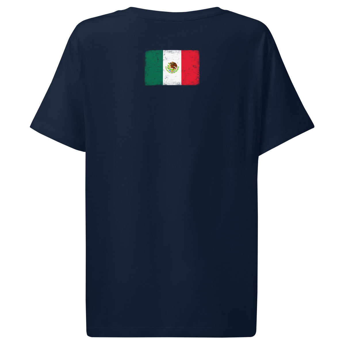 Mexico flag t-shirt in French Navy, vintage-washed print, flag across the upper back, women cut, back view