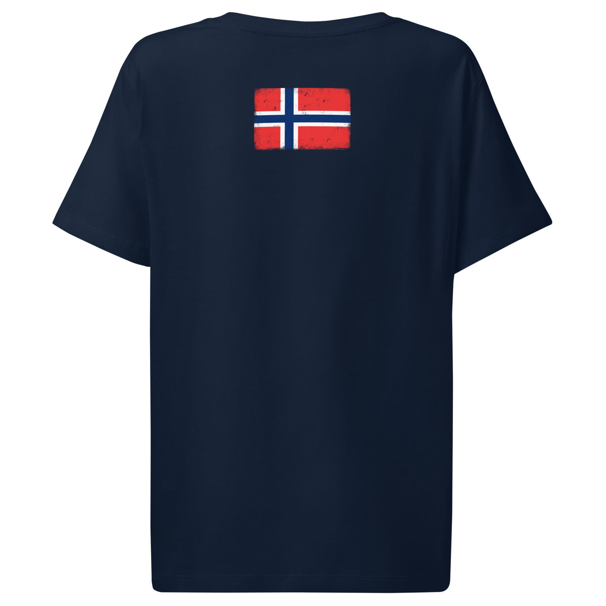 Norway flag t-shirt in French Navy, vintage-washed print, flag across the upper back, women cut, back view