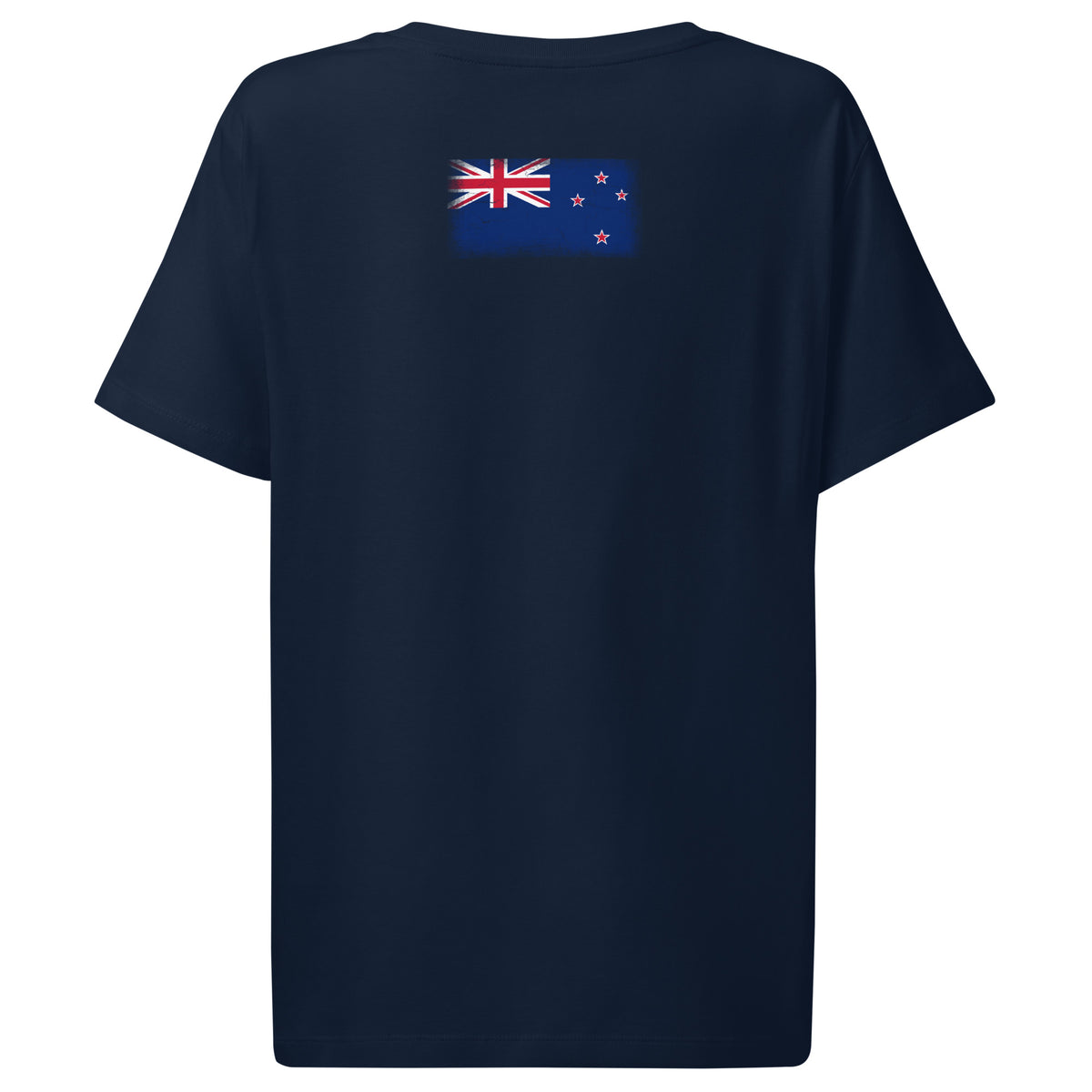 New Zealand flag t-shirt in French Navy, vintage-washed print, flag across the upper back, women cut, back view