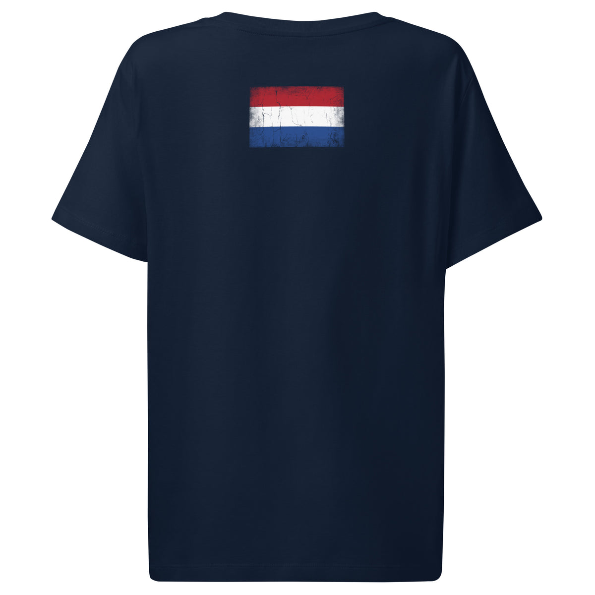 Netherlands flag t-shirt in French Navy, vintage-washed print, flag across the upper back, women cut, back view