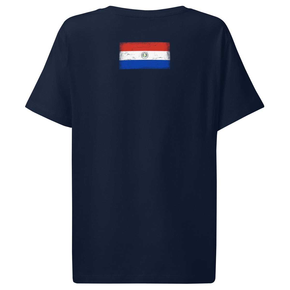 Paraguay flag t-shirt in French Navy, vintage-washed print, flag across the upper back, women cut, back view