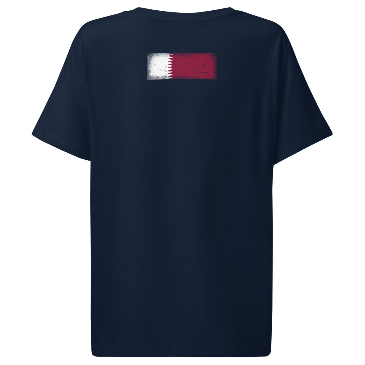 Qatar flag t-shirt in French Navy, vintage-washed print, flag across the upper back, women cut, back view