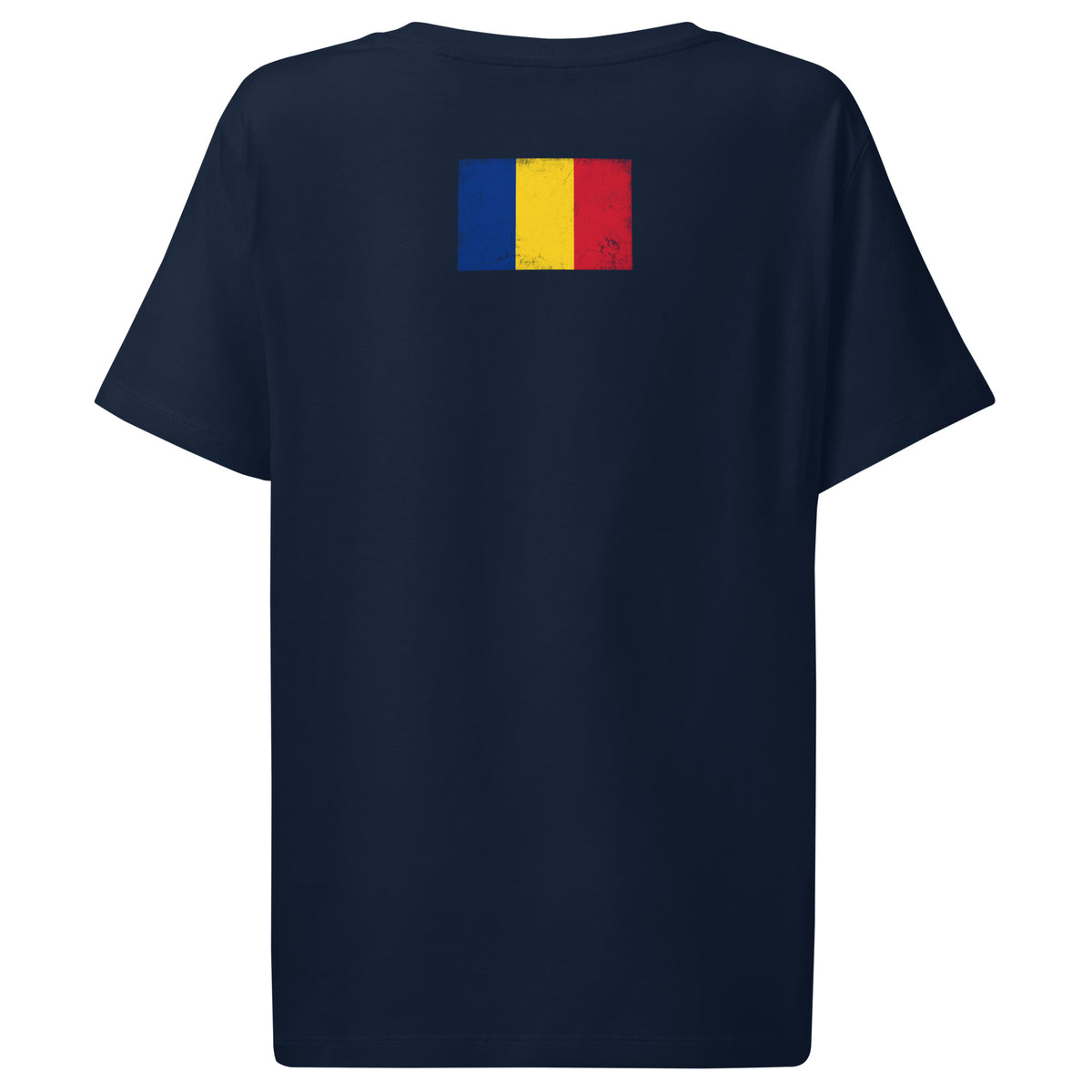 Romania flag t-shirt in French Navy, vintage-washed print, flag across the upper back, women cut, back view