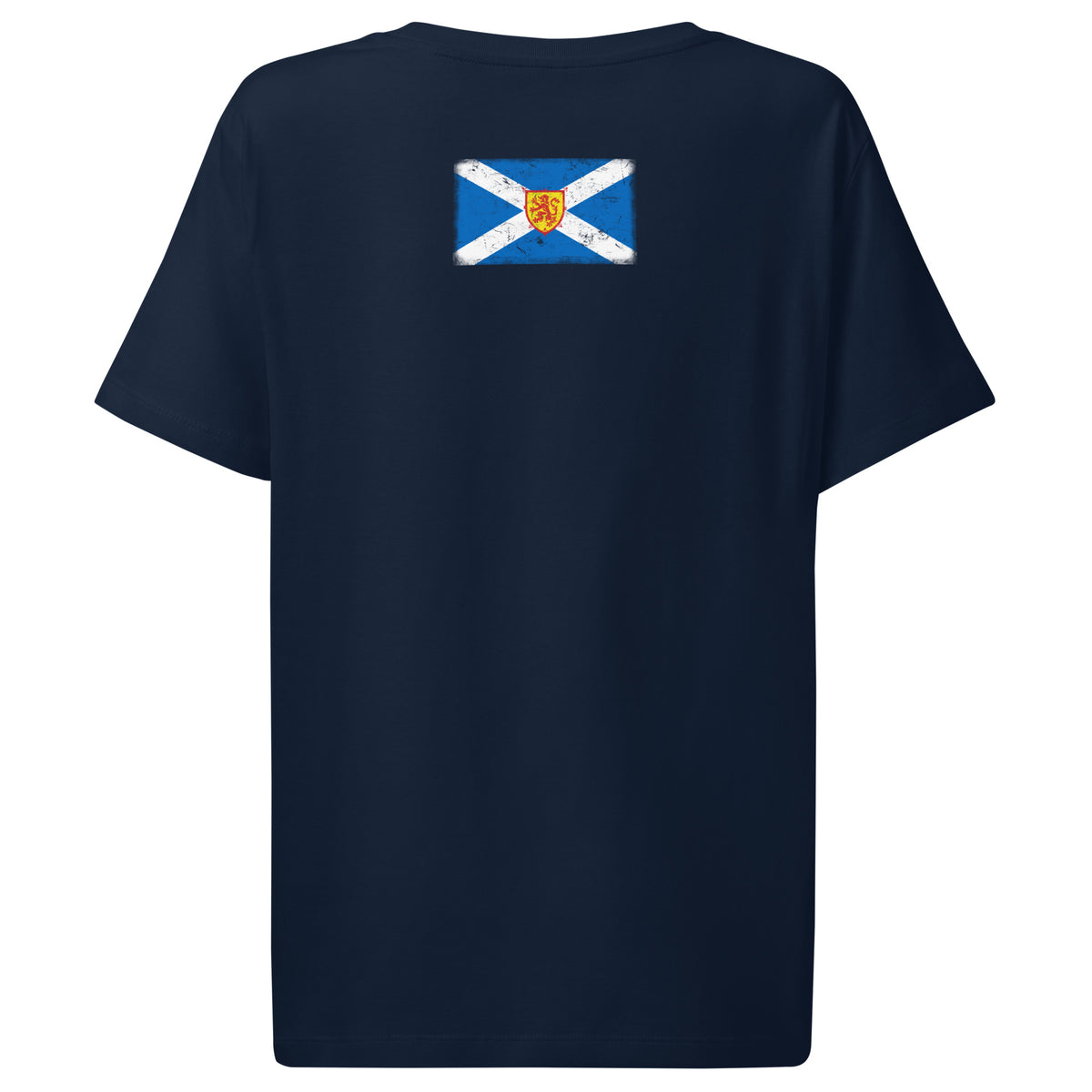 Scotland flag t-shirt in French Navy, vintage-washed print, flag across the upper back, women cut, back view