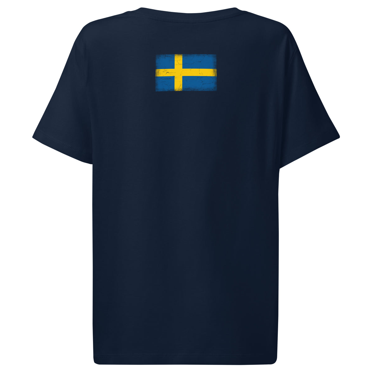 Sweden flag t-shirt in French Navy, vintage-washed print, flag across the upper back, women cut, back view