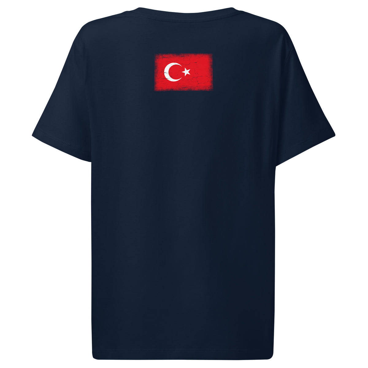 Turkey flag t-shirt in French Navy, vintage-washed print, flag across the upper back, women cut, back view