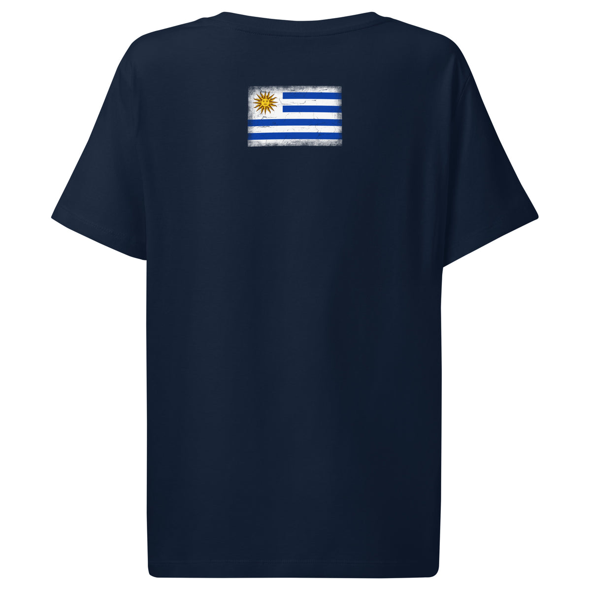 Uruguay flag t-shirt in French Navy, vintage-washed print, flag across the upper back, women cut, back view