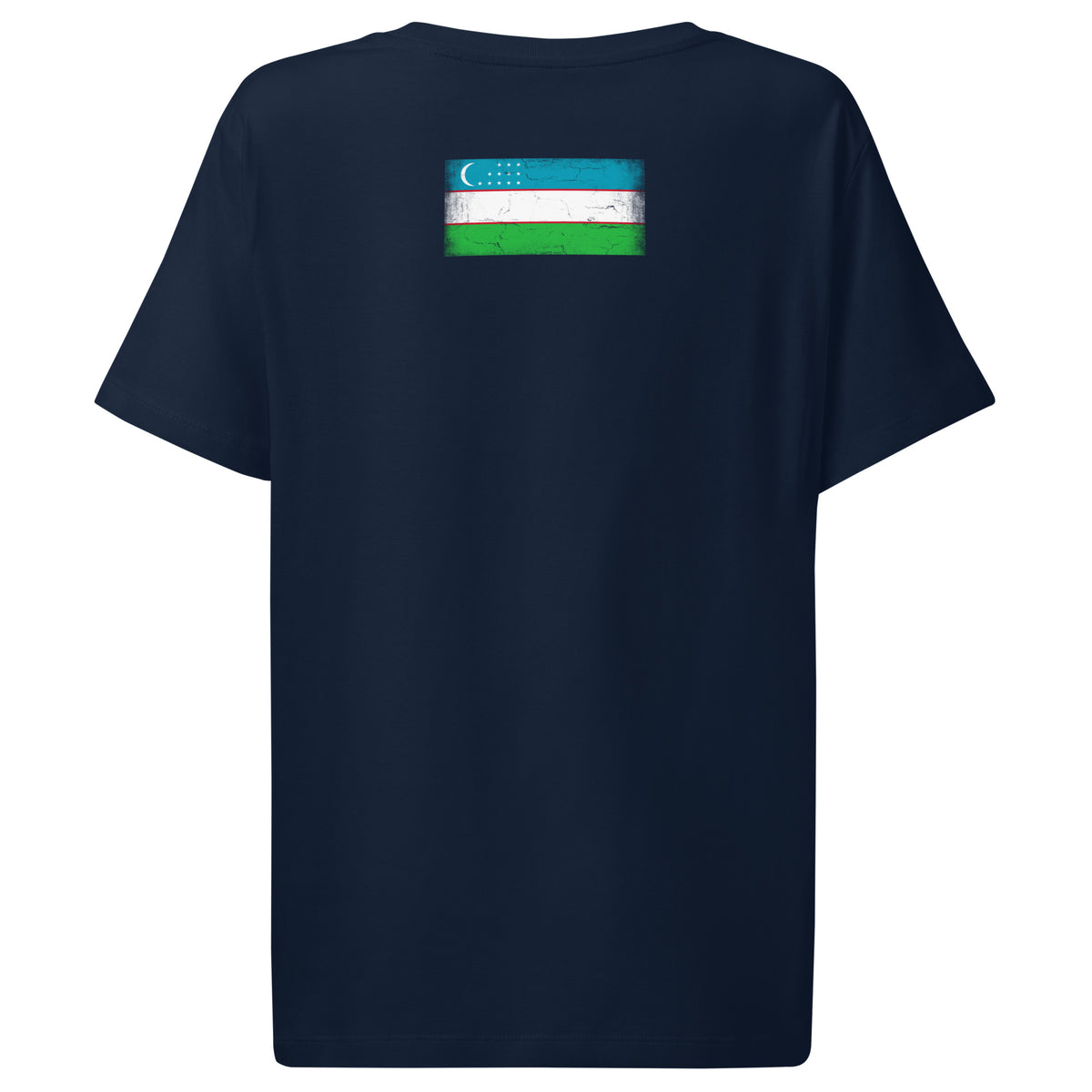 Uzbekistan flag t-shirt in French Navy, vintage-washed print, flag across the upper back, women cut, back view