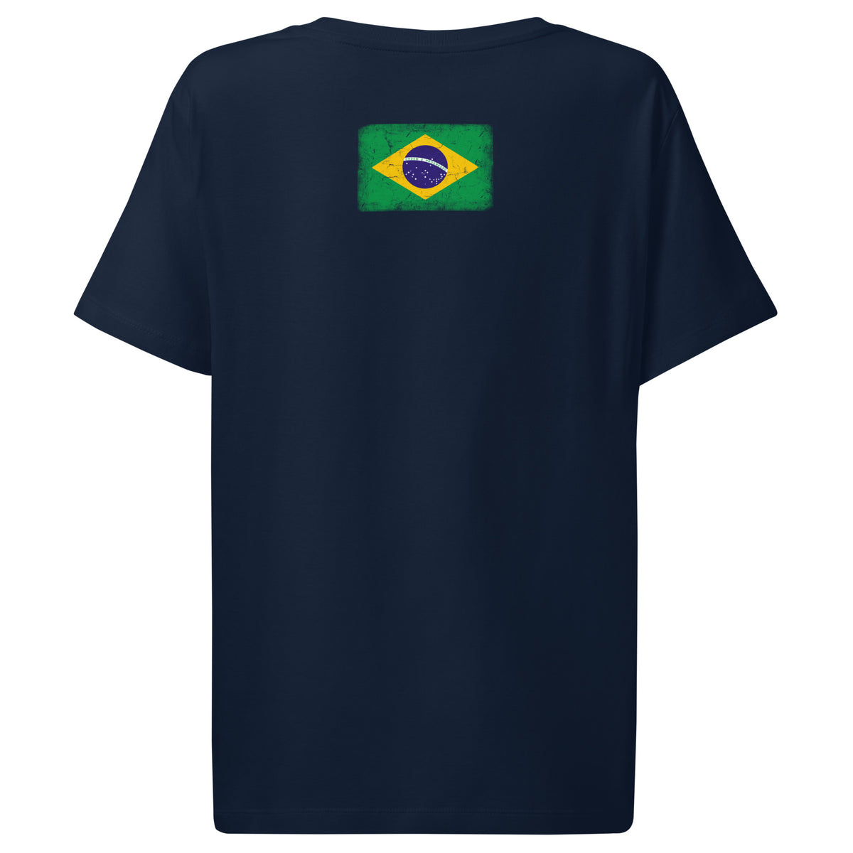 Brasil flag t-shirt in French Navy, vintage-washed print, flag across the upper back, women cut, back view