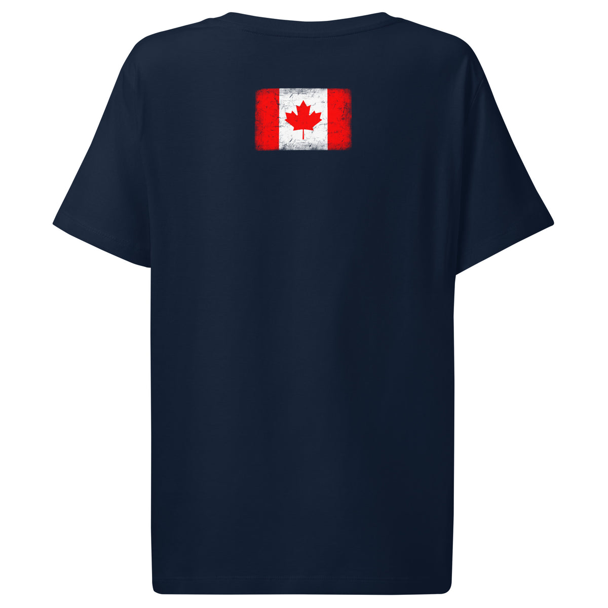 Canada flag t-shirt in French Navy, vintage-washed print, flag across the upper back, women cut, back view