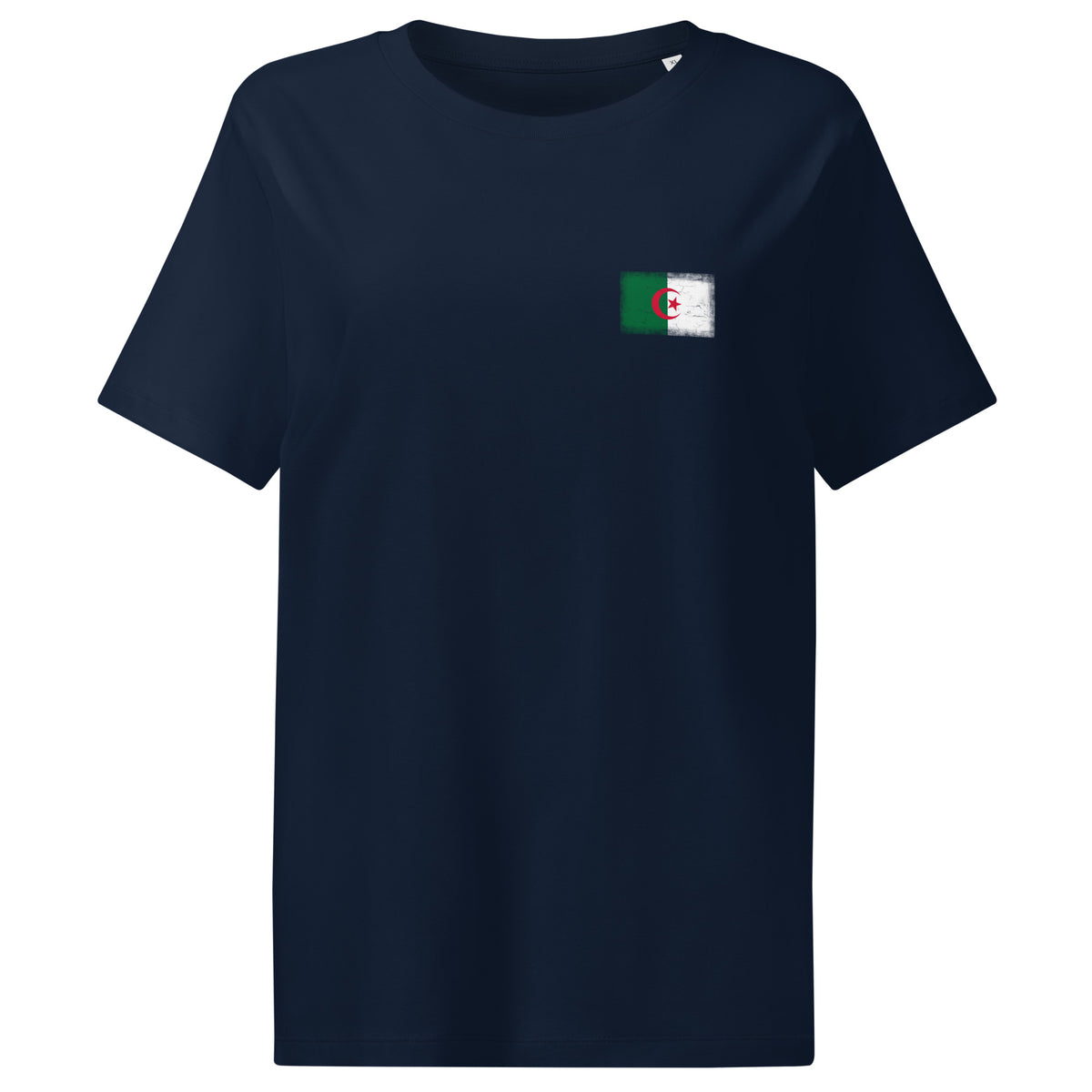 Algeria flag t-shirt in French Navy, vintage-washed print, small flag on the left chest, women cut, front view