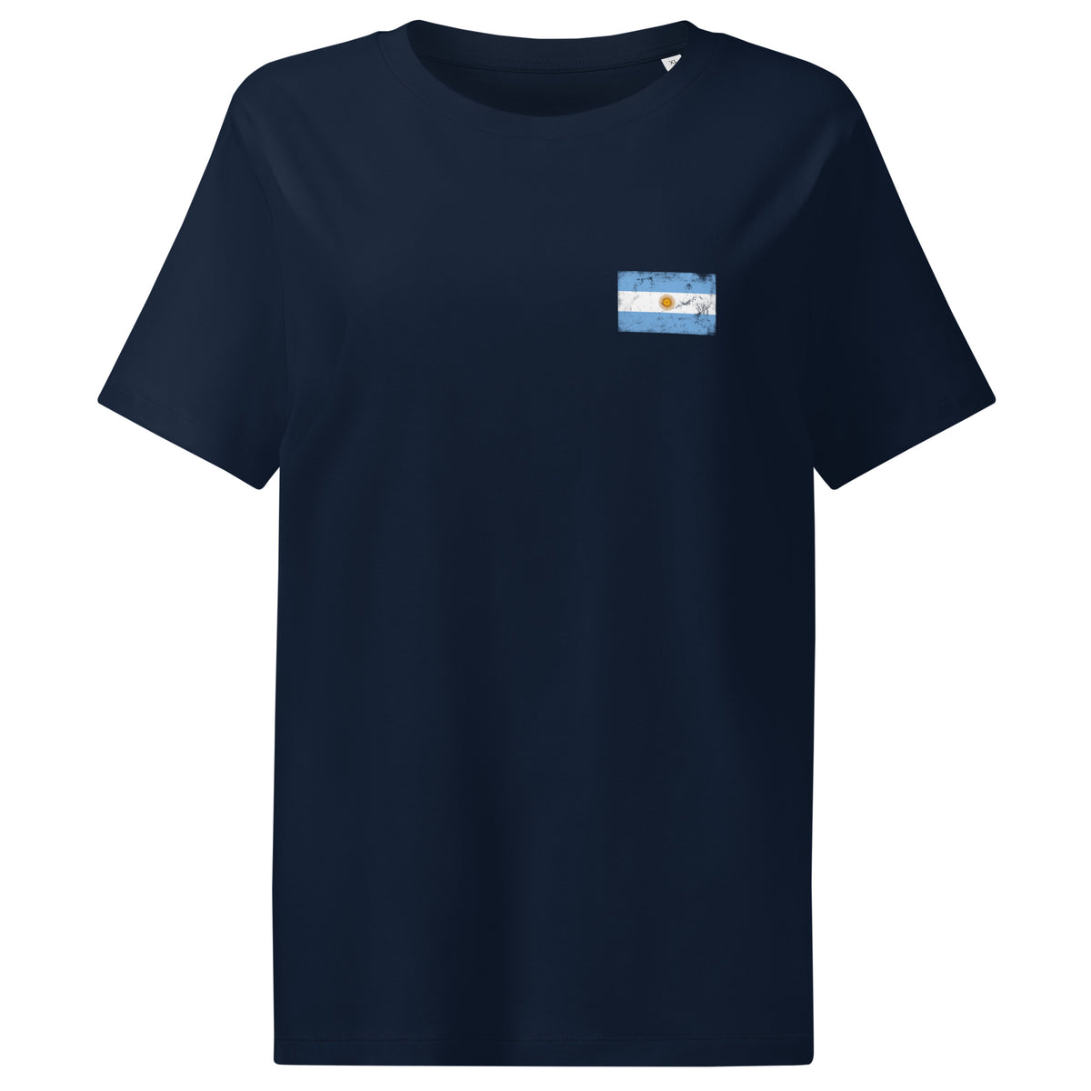 Argentina flag t-shirt in French Navy, vintage-washed print, small flag on the left chest, women cut, front view