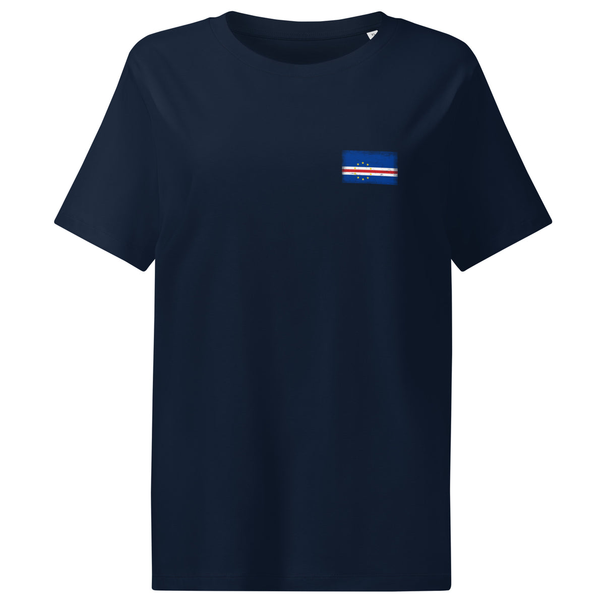 Cape Verde flag t-shirt in French Navy, vintage-washed print, small flag on the left chest, women cut, front view