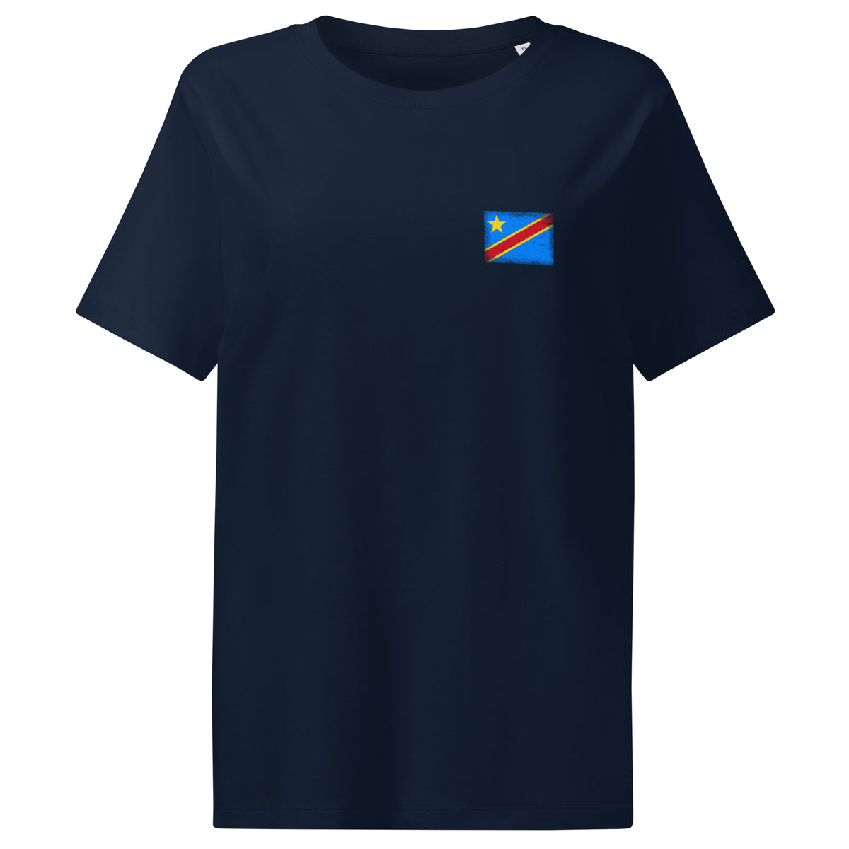 Congo flag t-shirt in French Navy, vintage-washed print, small flag on the left chest, women cut, front view