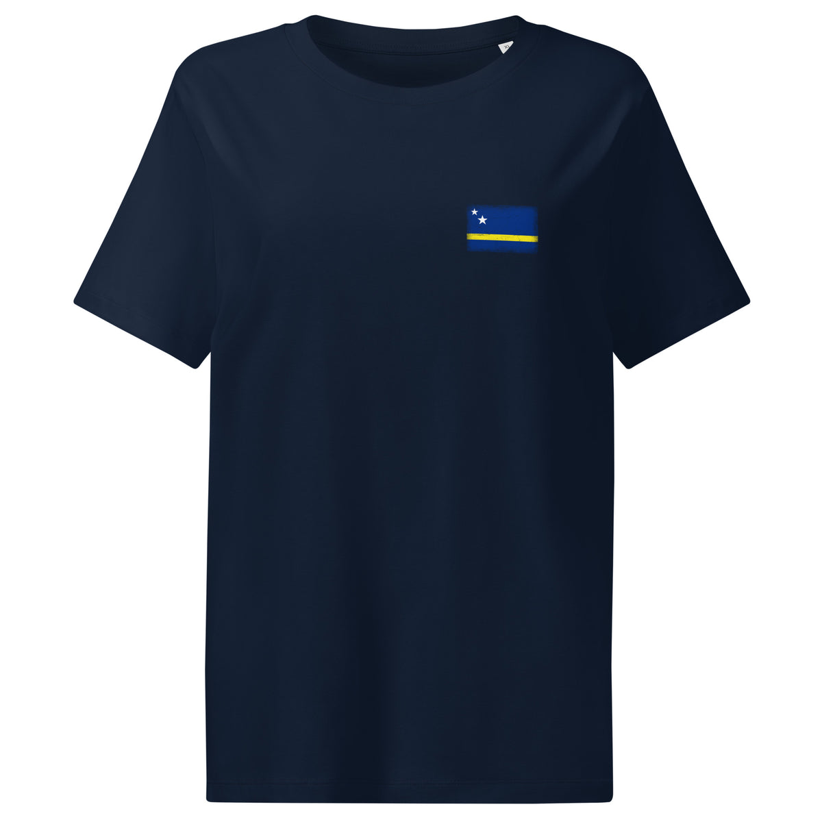 Curaçao flag t-shirt in French Navy, vintage-washed print, small flag on the left chest, women cut, front view