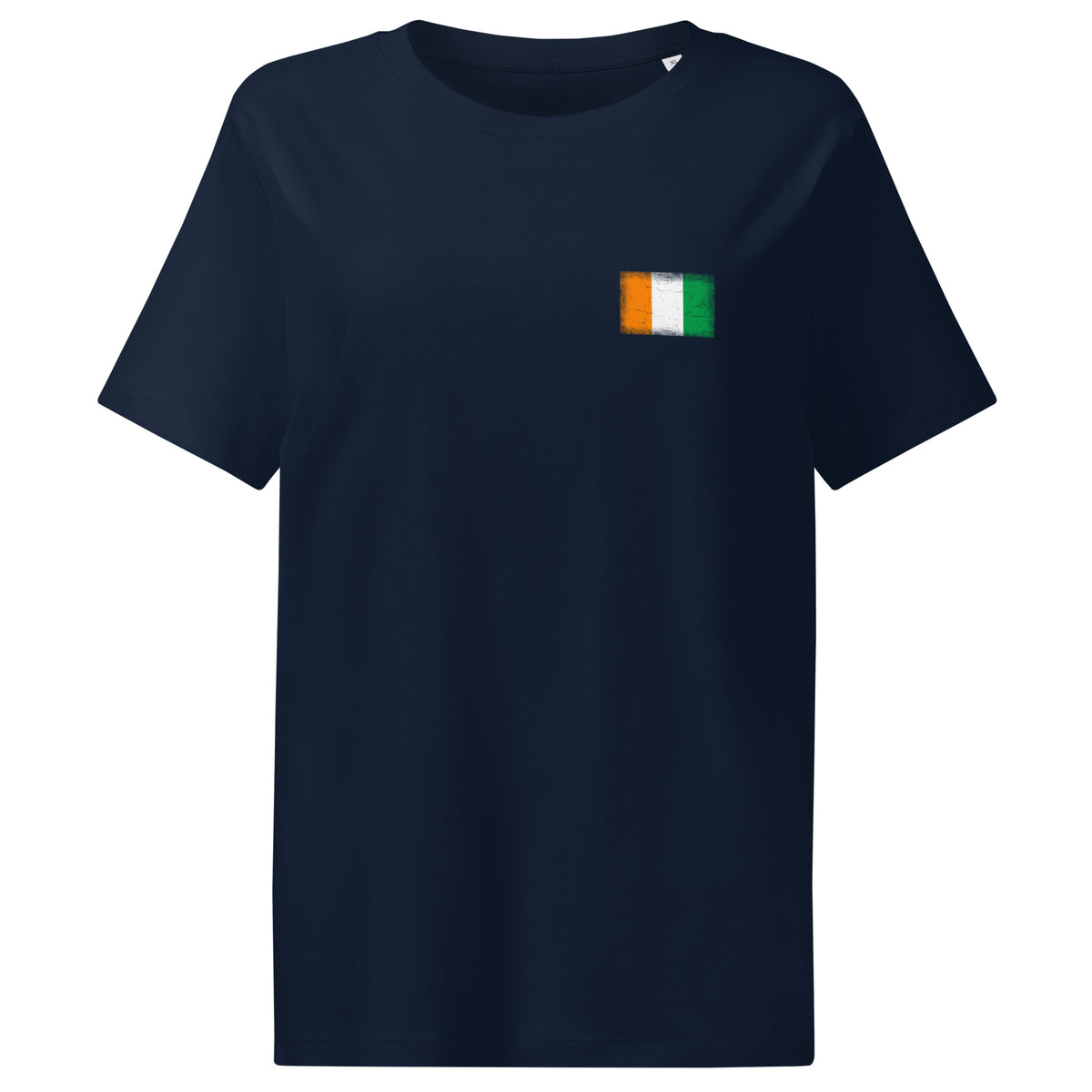 Côte d'Ivoire flag t-shirt in French Navy, vintage-washed print, small flag on the left chest, women cut, front view