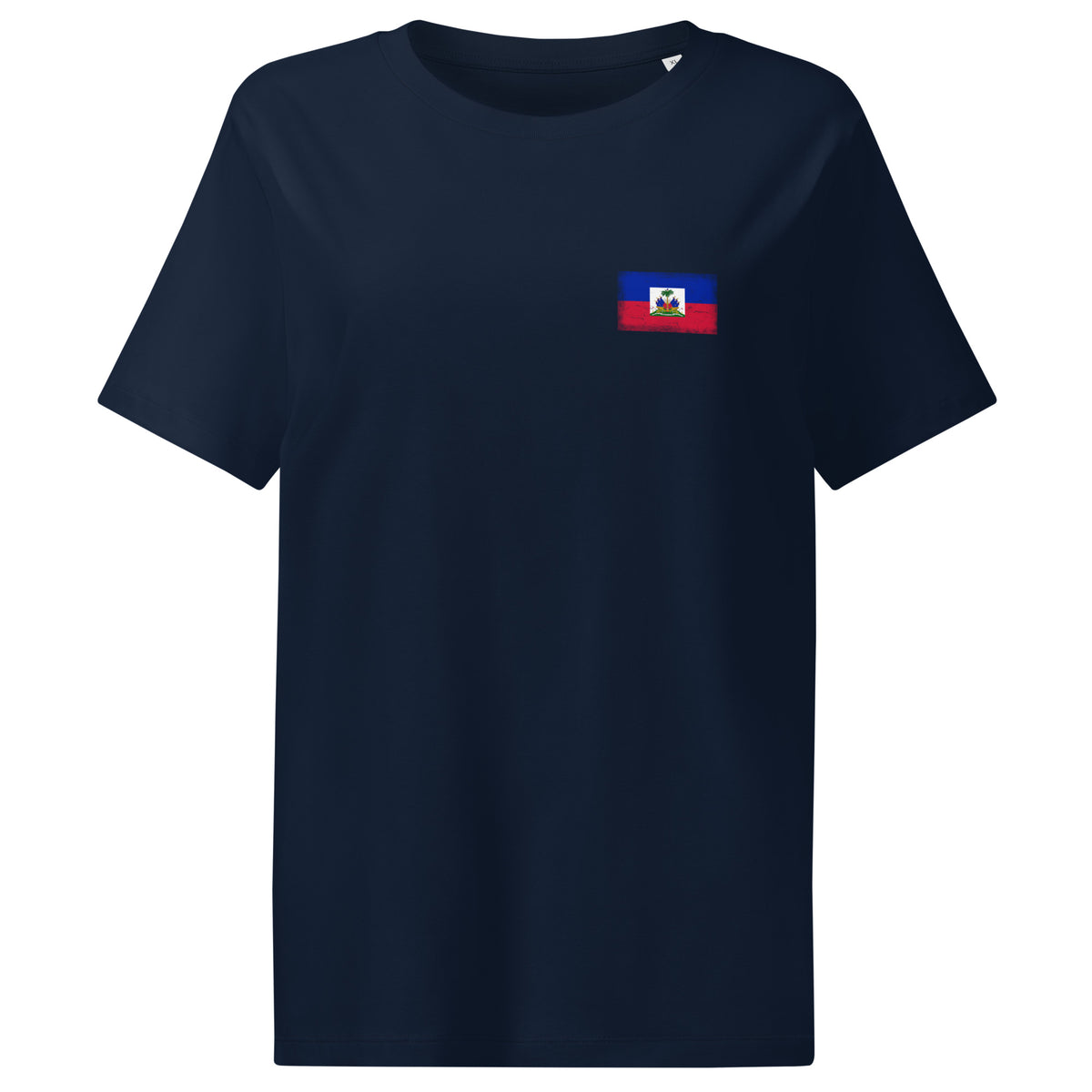 Haiti flag t-shirt in French Navy, vintage-washed print, small flag on the left chest, women cut, front view