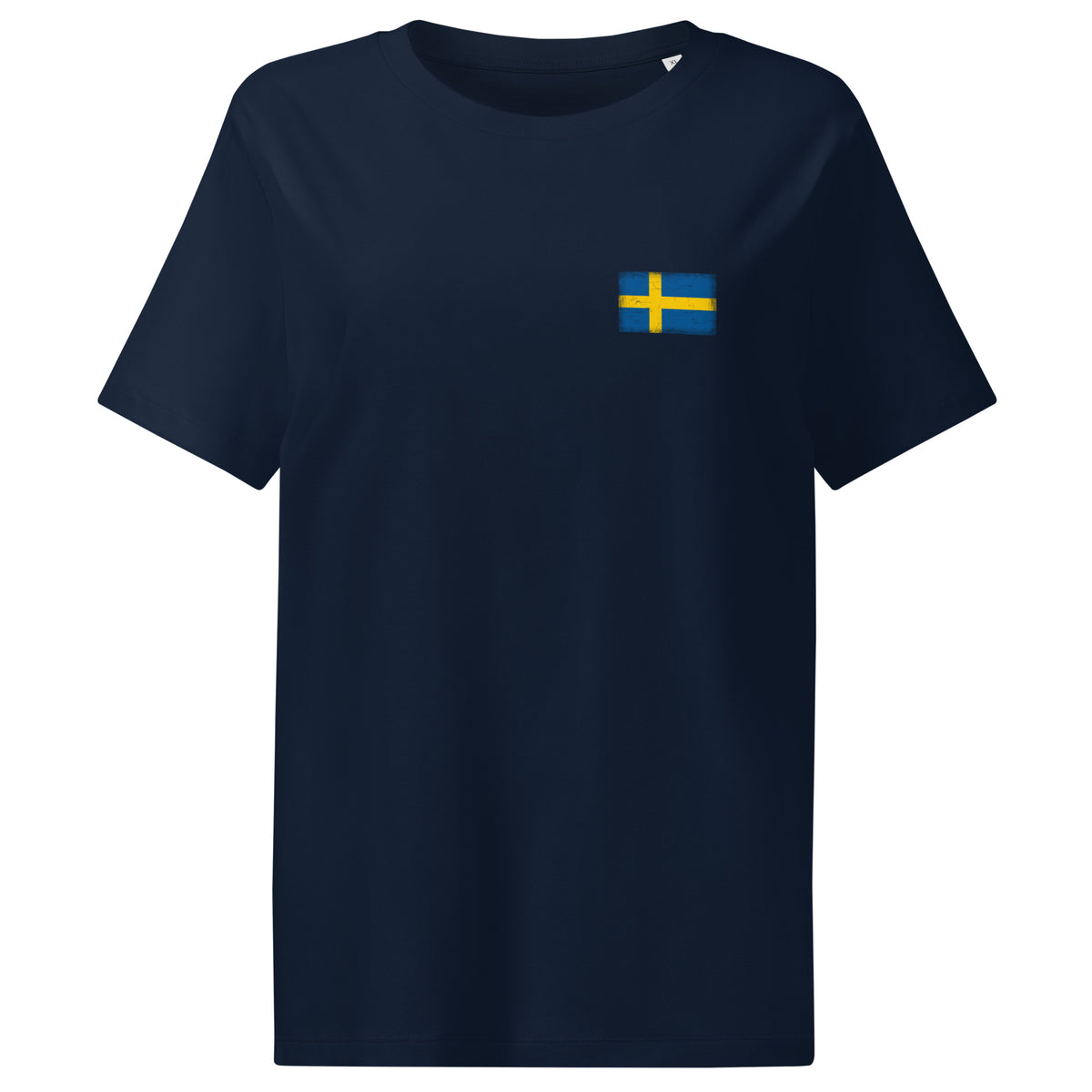 Sweden flag t-shirt in French Navy, vintage-washed print, small flag on the left chest, women cut, front view