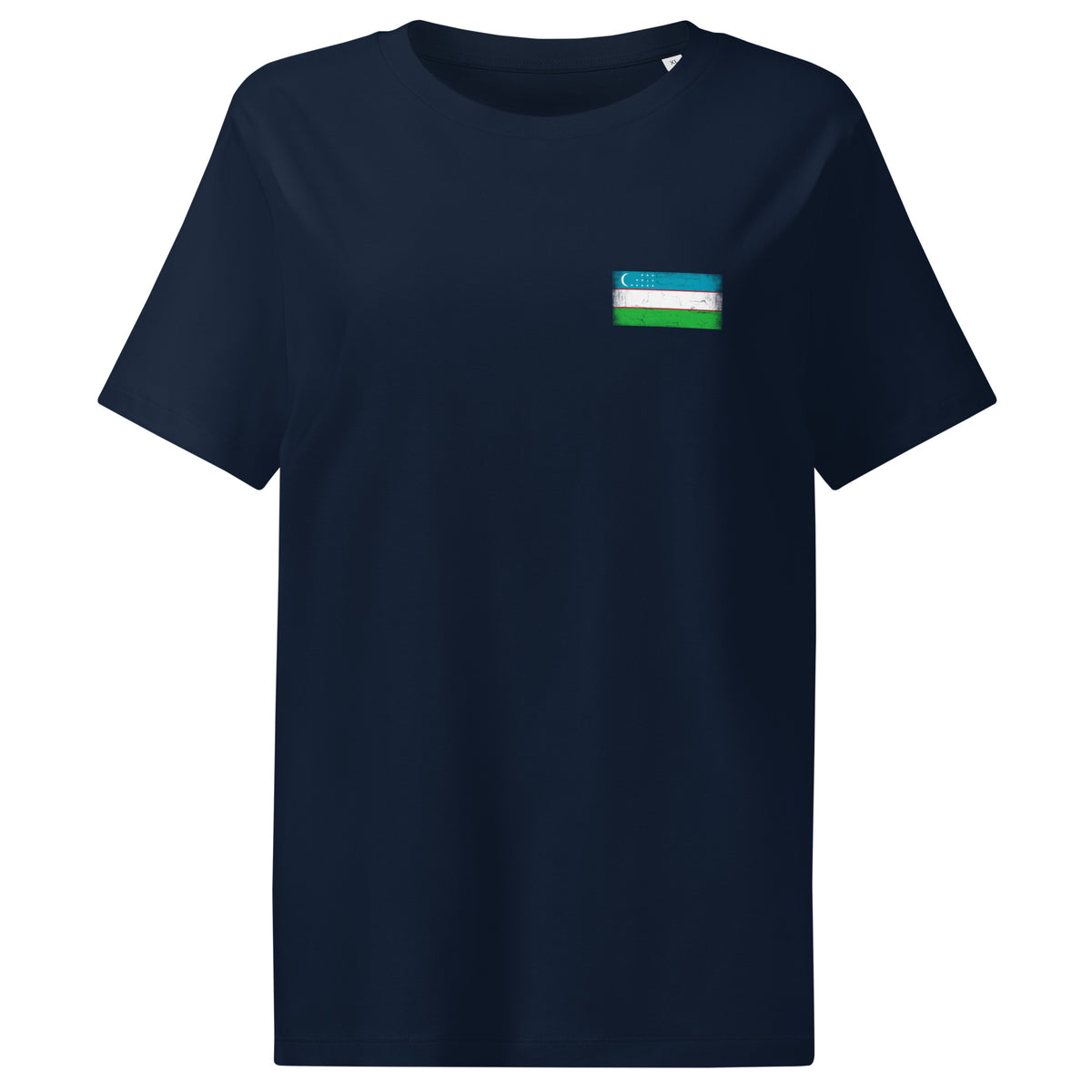 Uzbekistan flag t-shirt in French Navy, vintage-washed print, small flag on the left chest, women cut, front view