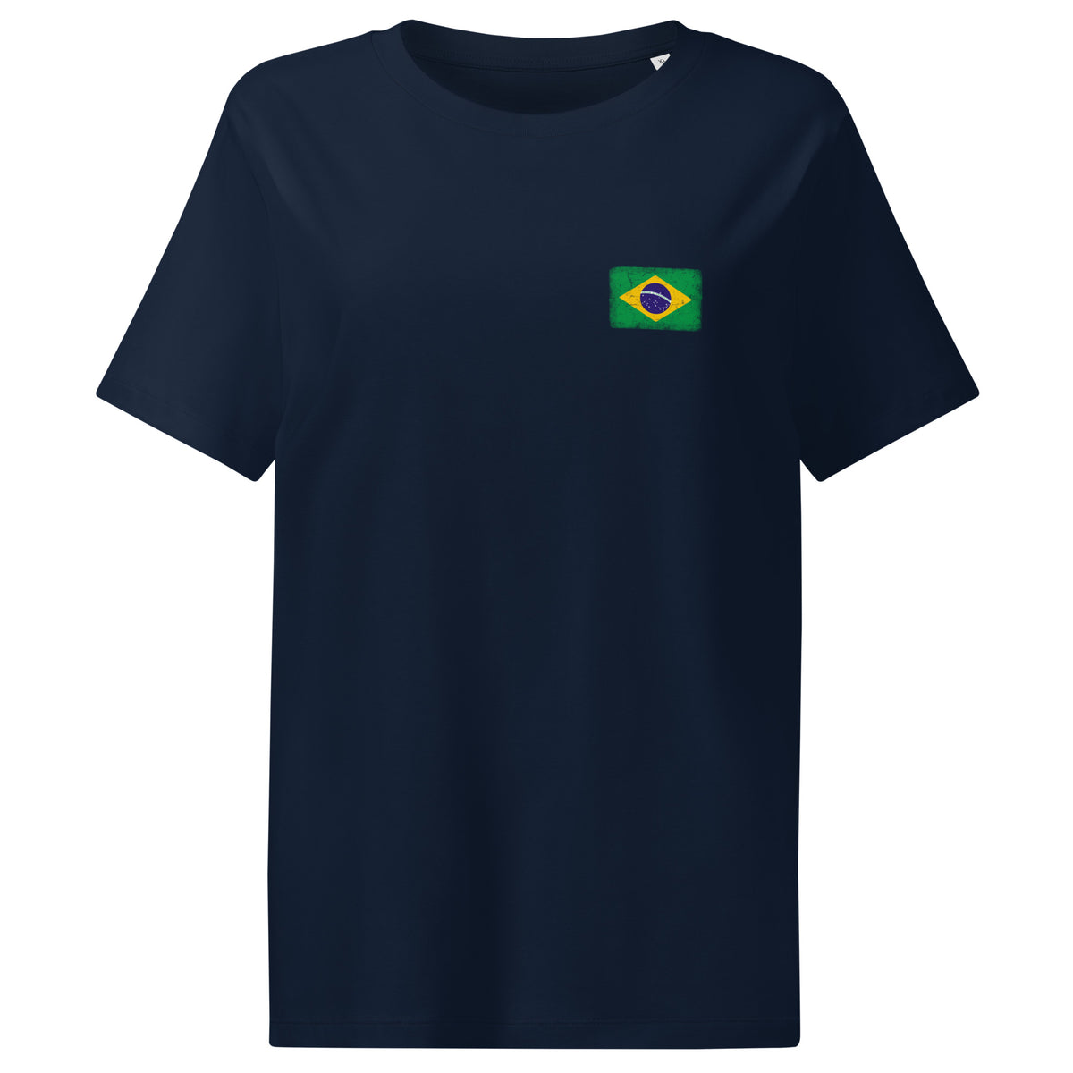 Brasil flag t-shirt in French Navy, vintage-washed print, small flag on the left chest, women cut, front view