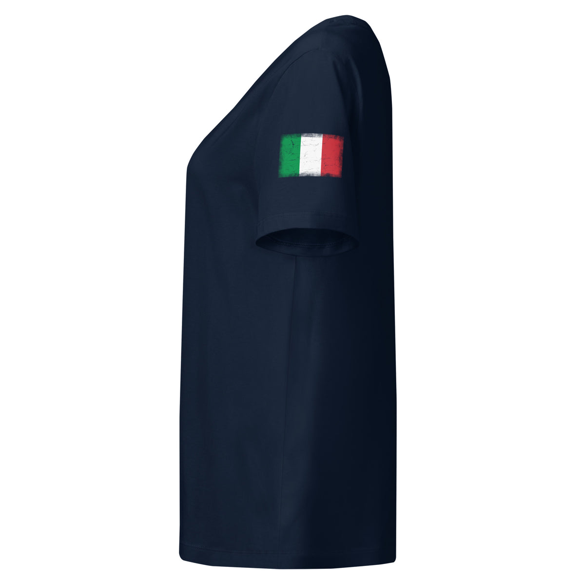 Italy flag t-shirt in French Navy, vintage-washed print, flag badge on the left sleeve, women cut, side view