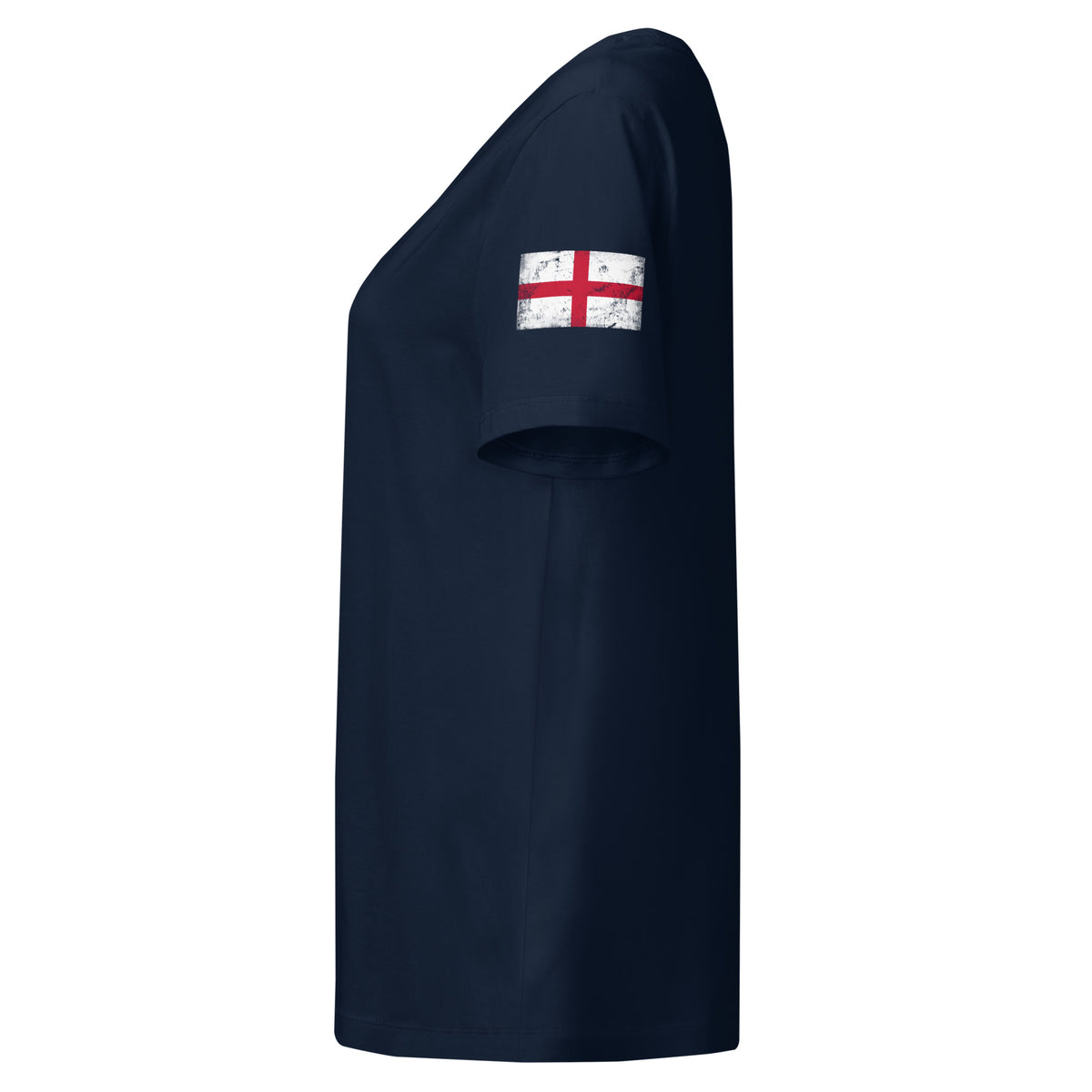 England flag t-shirt in French Navy, vintage-washed print, flag badge on the left sleeve, women cut, side view
