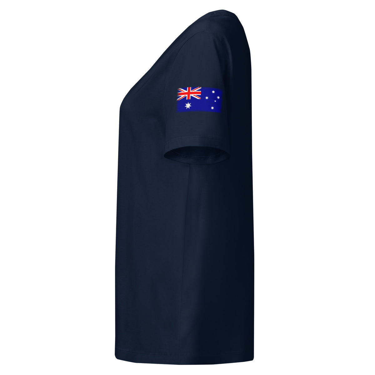 Australia flag t-shirt in French Navy, vintage-washed print, flag badge on the left sleeve, women cut, side view