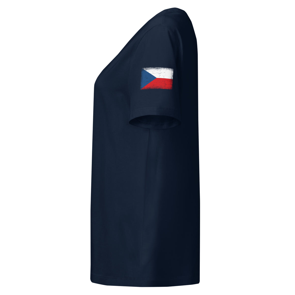 Czechia flag t-shirt in French Navy, vintage-washed print, flag badge on the left sleeve, women cut, side view