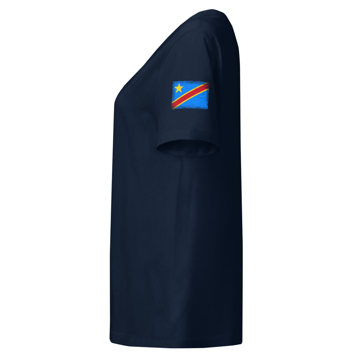 Congo flag t-shirt in French Navy, vintage-washed print, flag badge on the left sleeve, women cut, side view