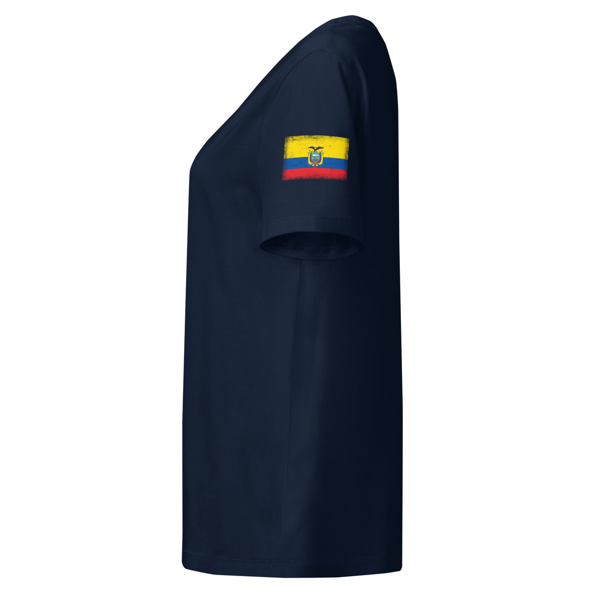 Ecuador flag t-shirt in French Navy, vintage-washed print, flag badge on the left sleeve, women cut, side view