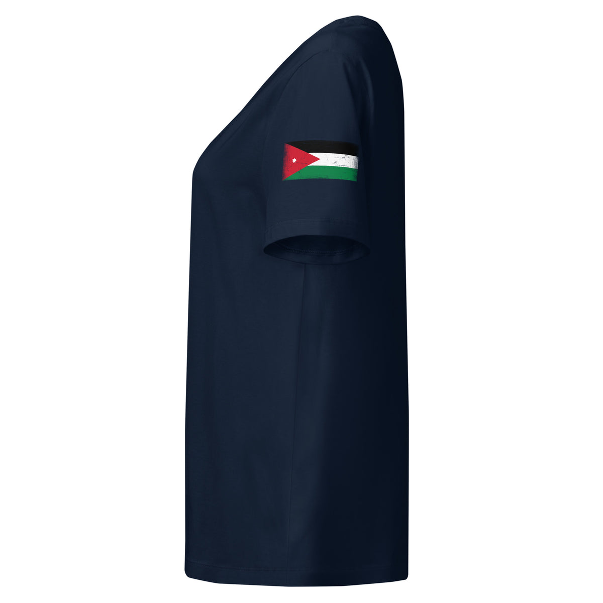 Jordan flag t-shirt in French Navy, vintage-washed print, flag badge on the left sleeve, women cut, side view
