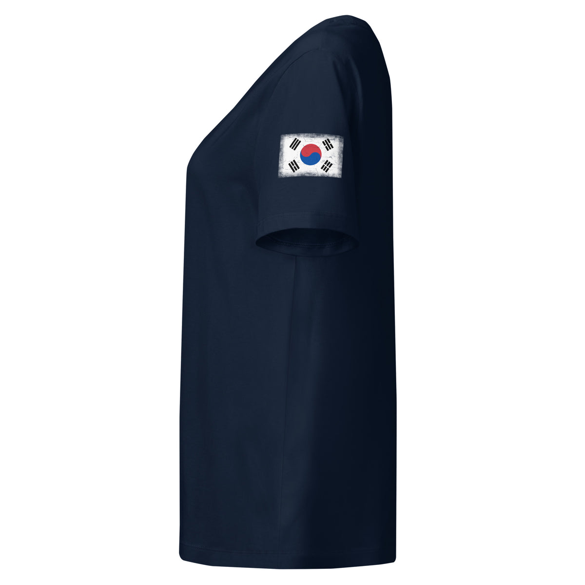 South Korea flag t-shirt in French Navy, vintage-washed print, flag badge on the left sleeve, women cut, side view
