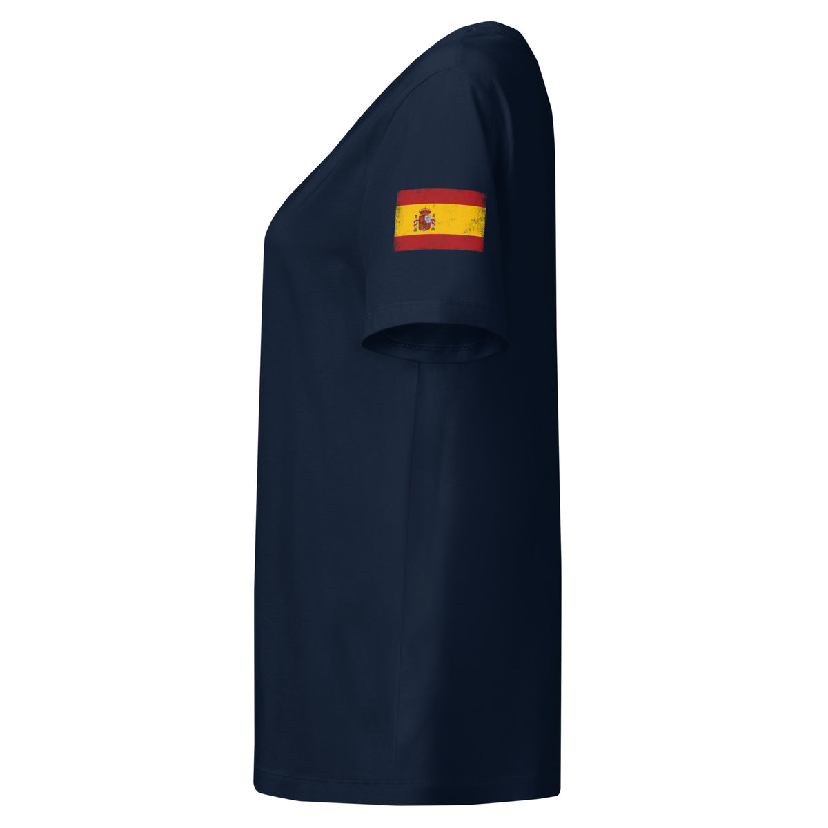 Spain flag t-shirt in French Navy, vintage-washed print, flag badge on the left sleeve, women cut, side view
