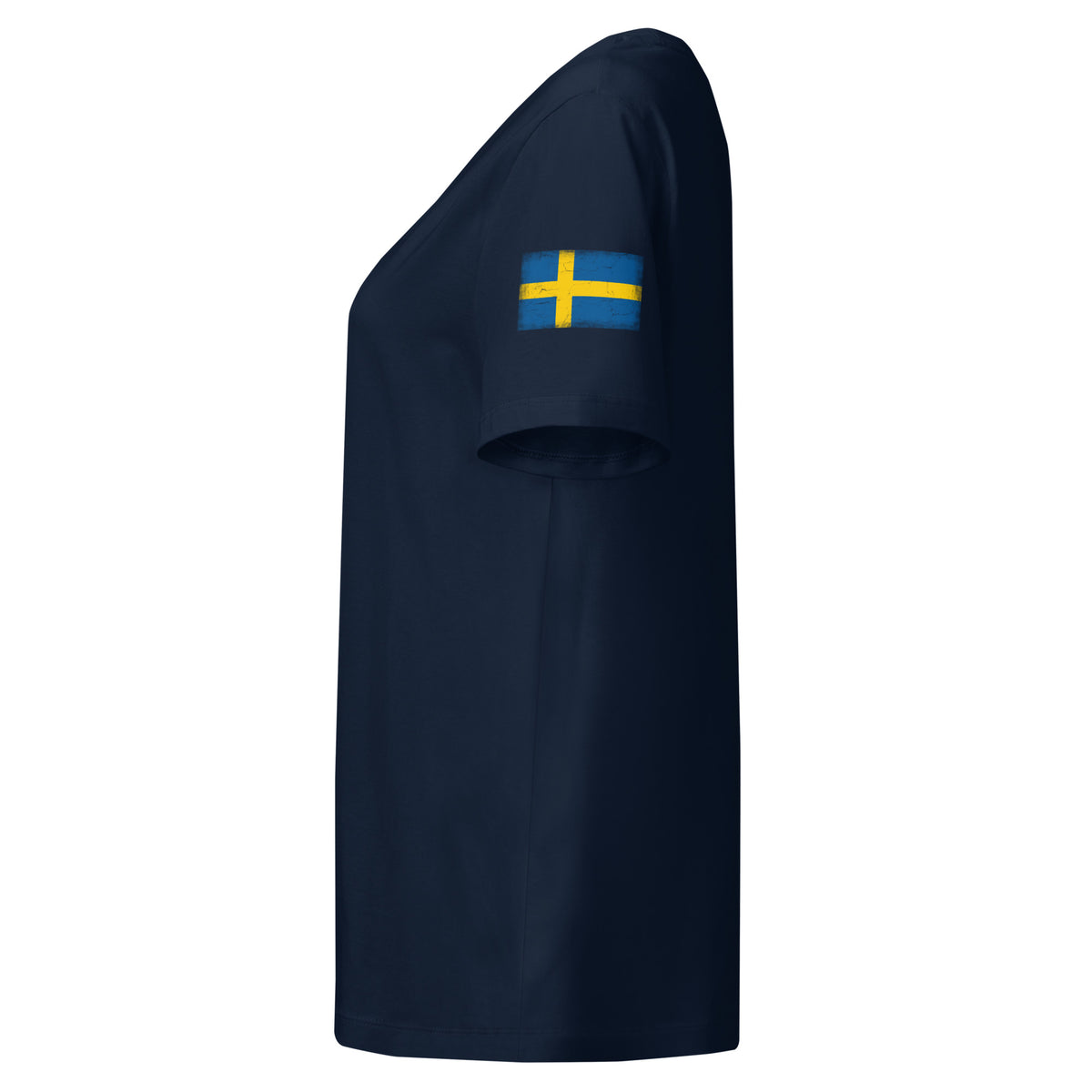 Sweden flag t-shirt in French Navy, vintage-washed print, flag badge on the left sleeve, women cut, side view
