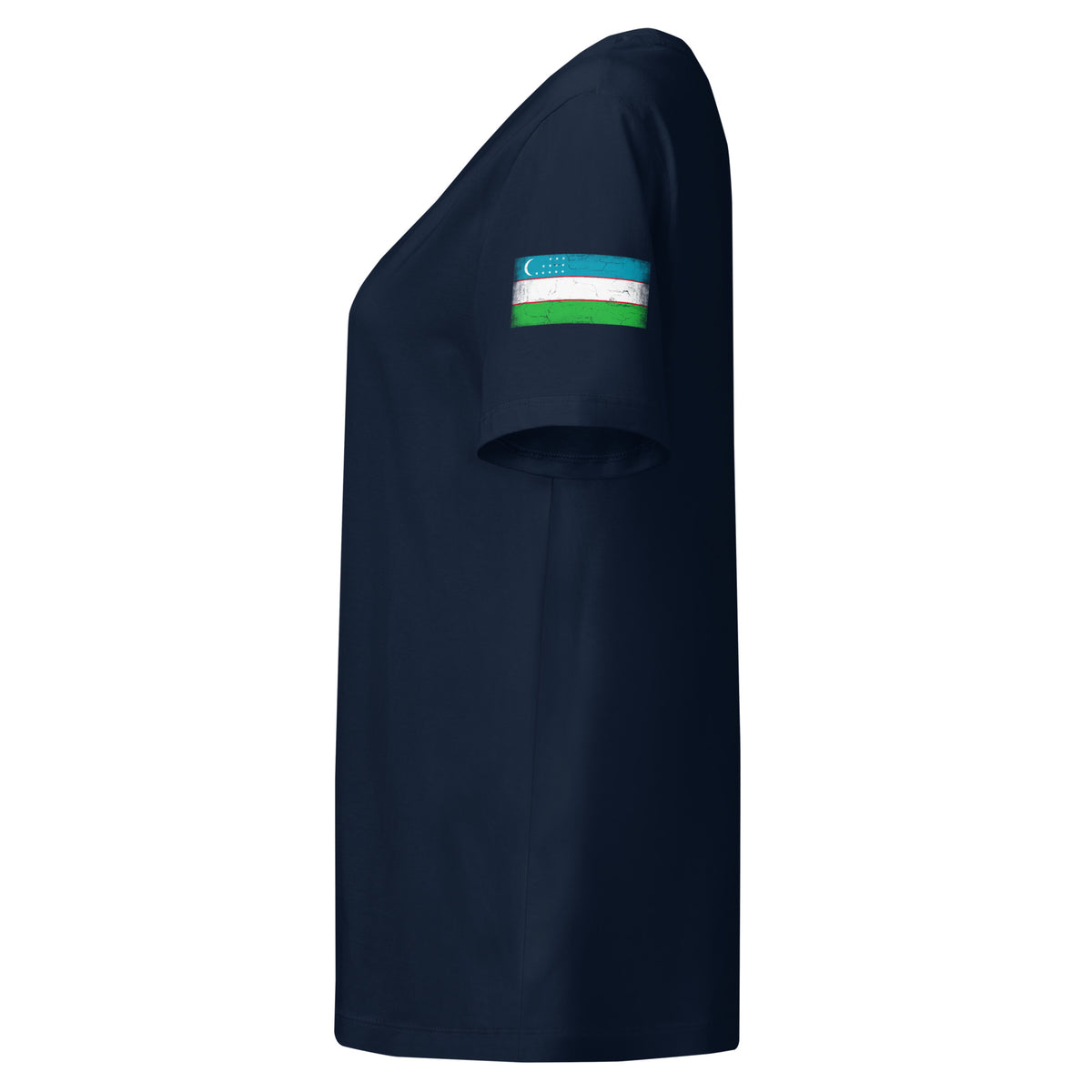 Uzbekistan flag t-shirt in French Navy, vintage-washed print, flag badge on the left sleeve, women cut, side view