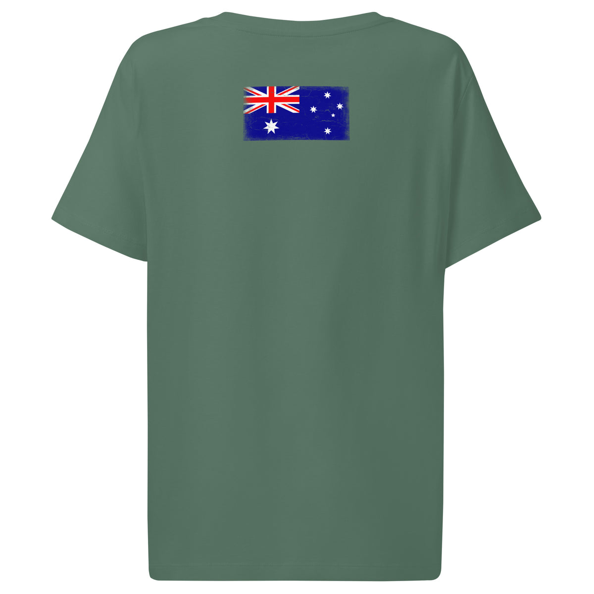 Australia flag t-shirt in Green Bay, vintage-washed print, flag across the upper back, women cut, back view