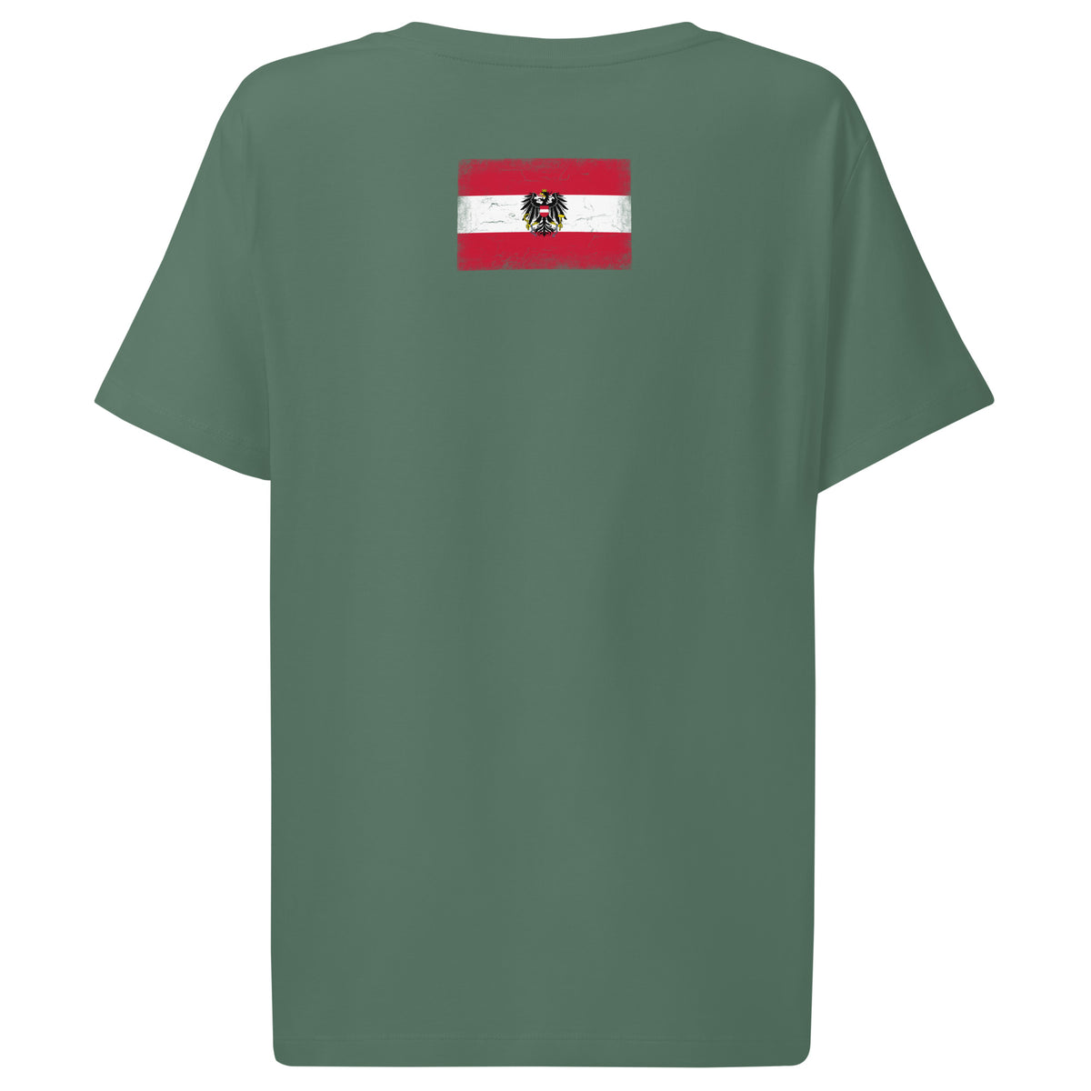 Austria flag t-shirt in Green Bay, vintage-washed print, flag across the upper back, women cut, back view