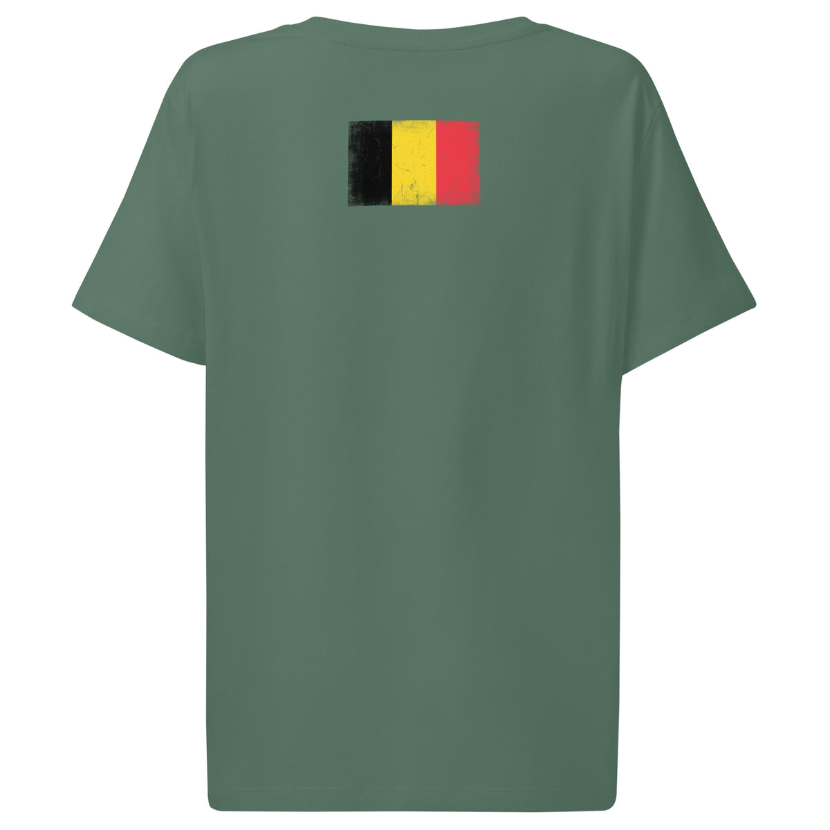 Belgium flag t-shirt in Green Bay, vintage-washed print, flag across the upper back, women cut, back view