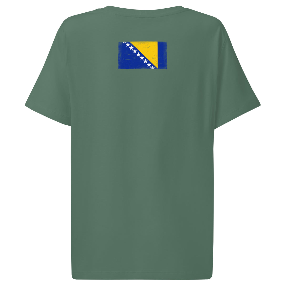 Bosnia and Herzegovina flag t-shirt in Green Bay, vintage-washed print, flag across the upper back, women cut, back view